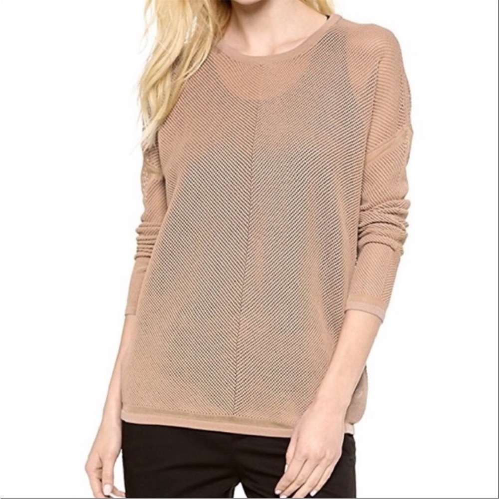 Vince Engineered Mesh Sweater in Deep Tan/Beige, Size Large